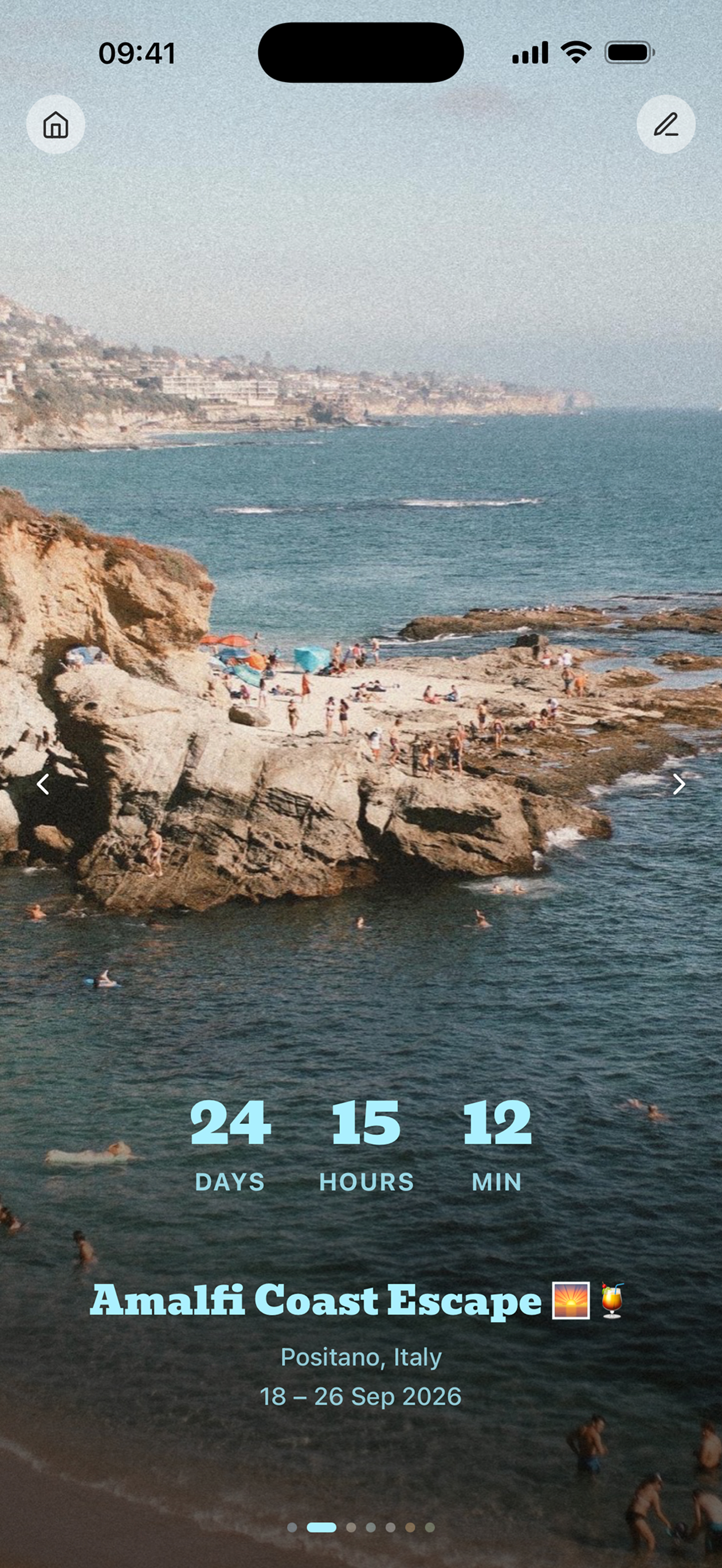 Until I Go app showing a countdown to a coastal trip